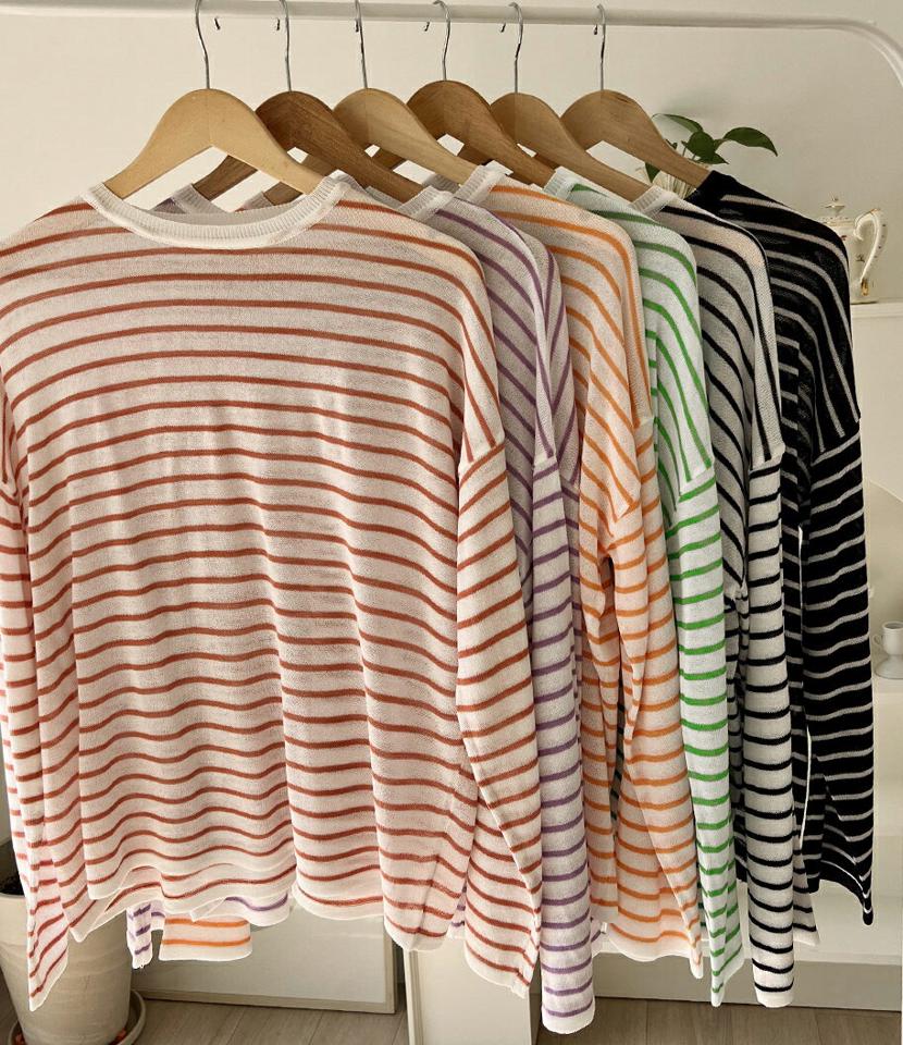 シースルーボーダーニット・全6色・t00485 レディース 【tops】トップス ニット 長袖 ボーダー柄 シースルー シアー 透け感 カジュアル ラフ ゆったり ドロップショルダー ラウンドネック 通気性 春 夏 秋 韓国ファッション