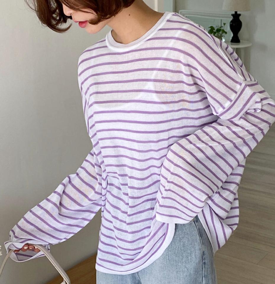 シースルーボーダーニット・全6色・t00485 レディース 【tops】トップス ニット 長袖 ボーダー柄 シースルー シアー 透け感 カジュアル ラフ ゆったり ドロップショルダー ラウンドネック 通気性 春 夏 秋 韓国ファッション