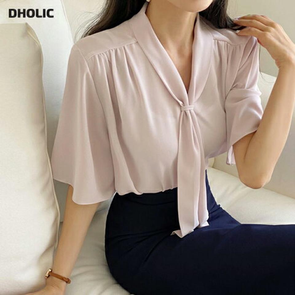 【タイム特価】ネックリボンシフォンブラウス・全3色・b00496 レディース 【bl】トップス ブラウス 半袖 ハーフスリーブ シフォン りぼん 襟コン Vネック 単色 無地 シンプル 上品 大人 オフィスカジュアル 二の腕カバー ピンク 通勤 春 夏 韓国ファッション【TS】セール