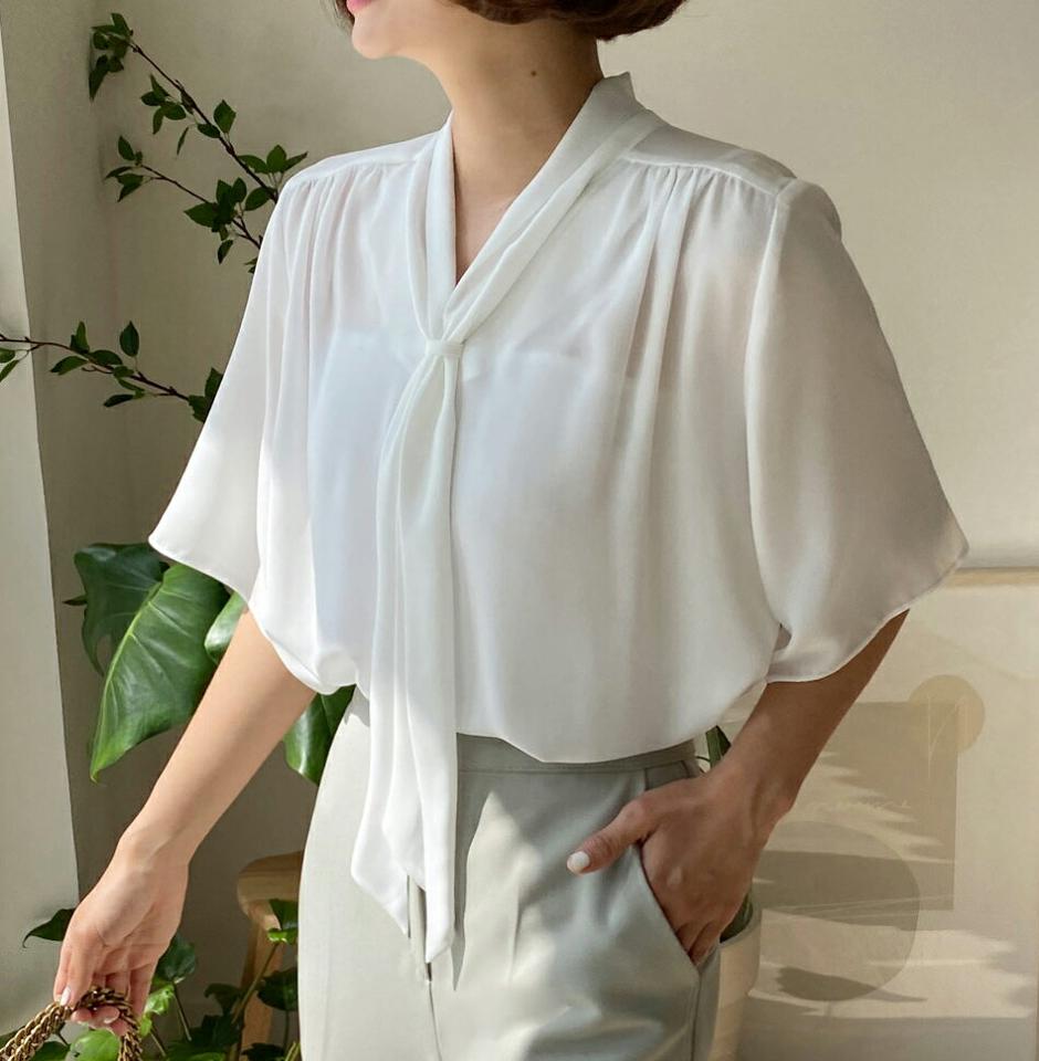 【タイム特価】ネックリボンシフォンブラウス・全3色・b00496 レディース 【bl】トップス ブラウス 半袖 ハーフスリーブ シフォン りぼん 襟コン Vネック 単色 無地 シンプル 上品 大人 オフィスカジュアル 二の腕カバー ピンク 通勤 春 夏 韓国ファッション【TS】セール