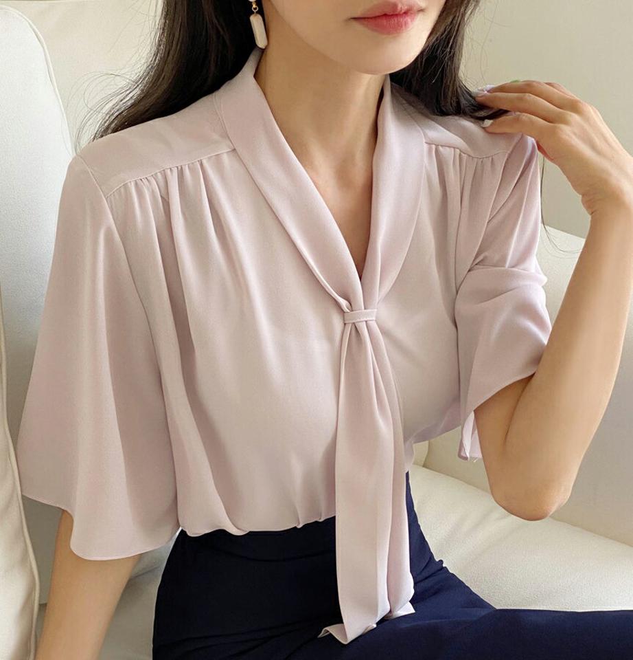 【タイム特価】ネックリボンシフォンブラウス・全3色・b00496 レディース 【bl】トップス ブラウス 半袖 ハーフスリーブ シフォン りぼん 襟コン Vネック 単色 無地 シンプル 上品 大人 オフィスカジュアル 二の腕カバー ピンク 通勤 春 夏 韓国ファッション【TS】セール
