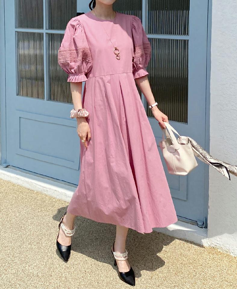 レースパフフレアワンピース・全3色・b72144 レディース 【ops】ワンピース ロング ロングワンピース 半袖 二の腕カバー レース パフスリーブ フレア ロング丈 シンプル フェミニン 体型カバー ピンク 夏 春 秋 韓国ファッション ハイホリHIHOLLI