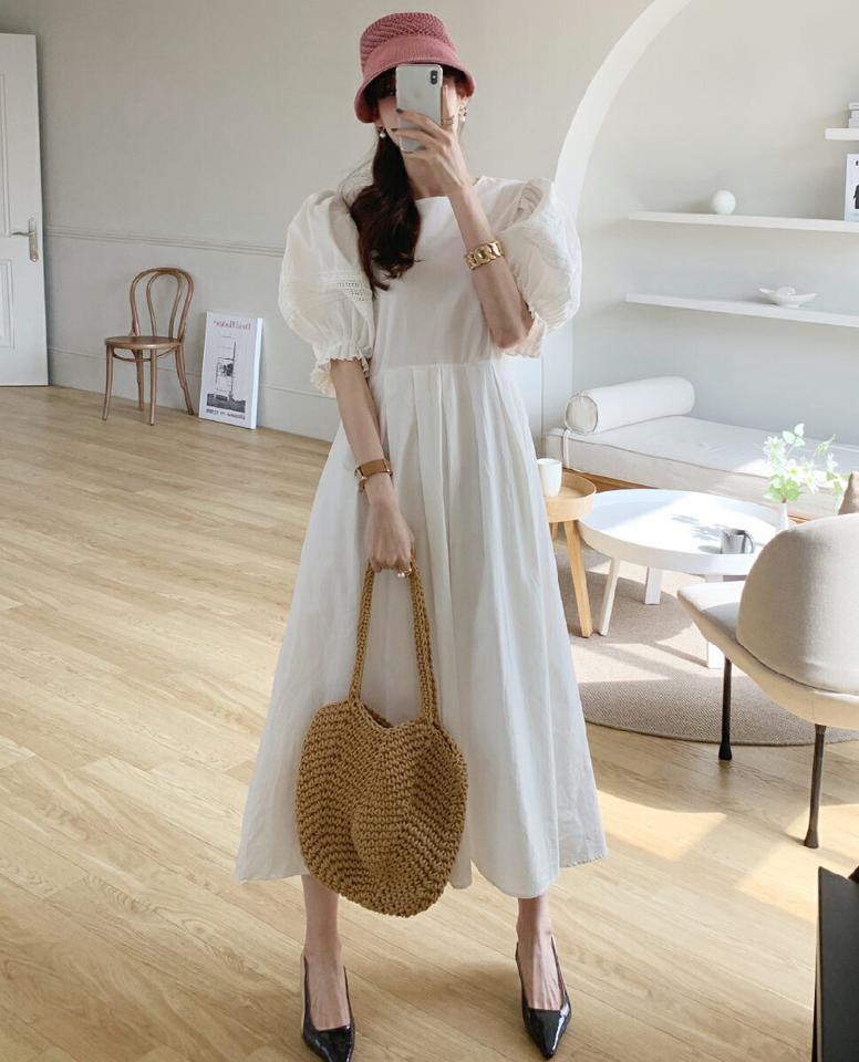 レースパフフレアワンピース・全3色・b72144 レディース 【ops】ワンピース ロング ロングワンピース 半袖 二の腕カバー レース パフスリーブ フレア ロング丈 シンプル フェミニン 体型カバー ピンク 夏 春 秋 韓国ファッション ハイホリHIHOLLI