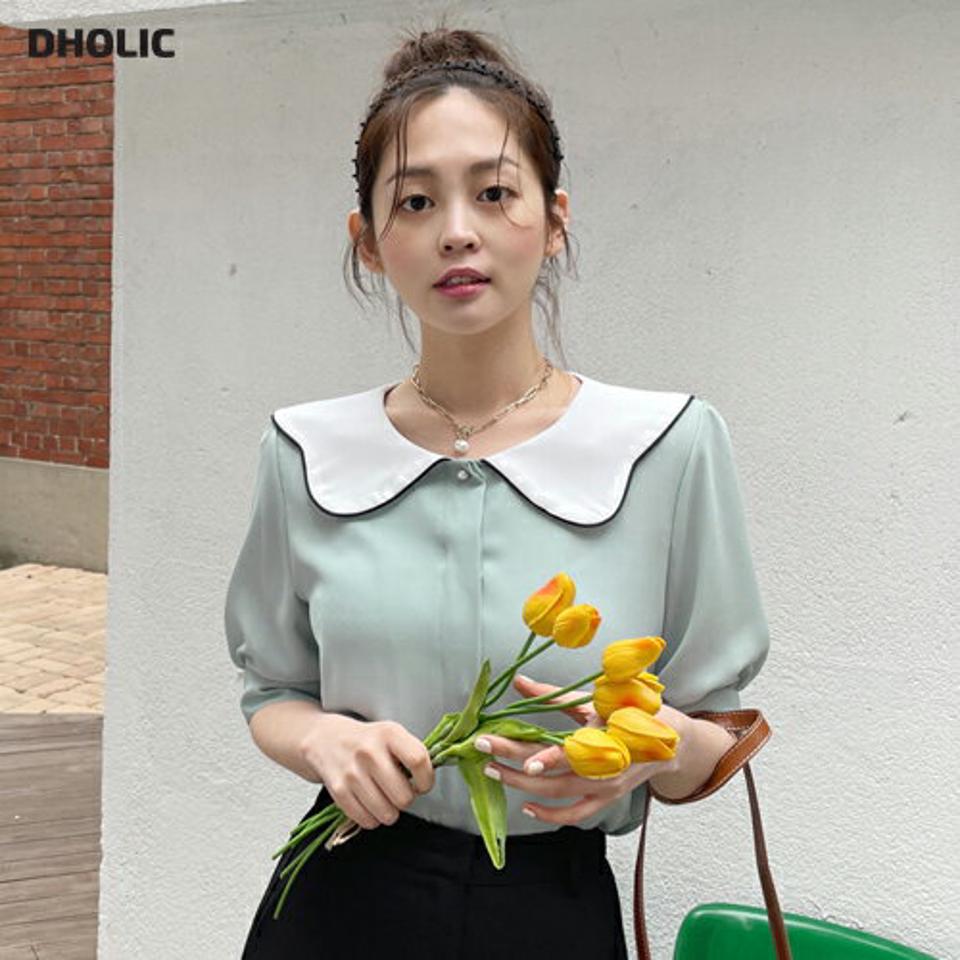 【10%OFF】コントラストビッグカラーブラウス・全4色・t66566 レディース 【bl】トップス ブラウス 半袖 襟コン 丸襟 シンプル かわいい 可愛い ガーリー ハーフスリーブ パイピング ウェーブ パールボタン 大きい襟 春 夏 韓国ファッション セール SALE