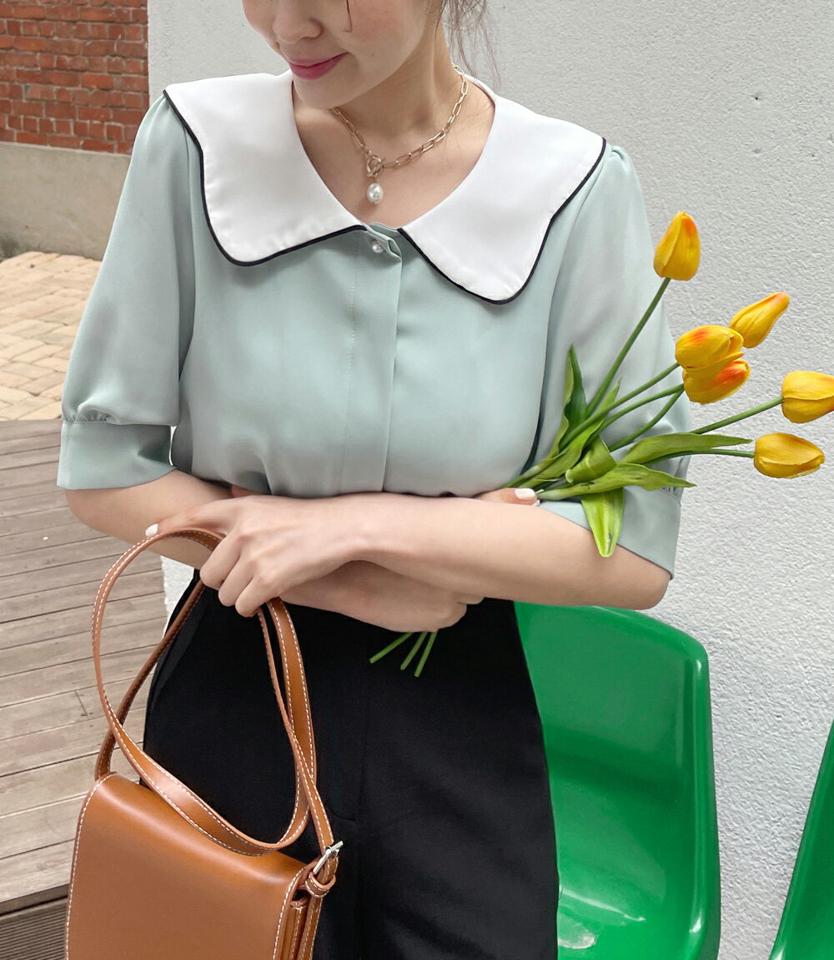 【10%OFF】コントラストビッグカラーブラウス・全4色・t66566 レディース 【bl】トップス ブラウス 半袖 襟コン 丸襟 シンプル かわいい 可愛い ガーリー ハーフスリーブ パイピング ウェーブ パールボタン 大きい襟 春 夏 韓国ファッション セール SALE