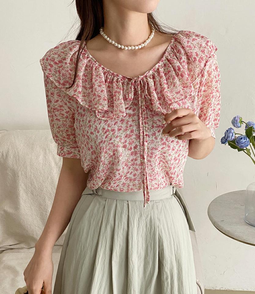 花柄リボンフリルカラーブラウス・全3色・b66568 レディース 【bl】トップス ブラウス 半袖 花柄 小花柄 フリル 襟コン ガーリー レトロ フェミニン かわいい 可愛い りぼん パフ袖 パフスリーブ 春 夏 韓国ファッション