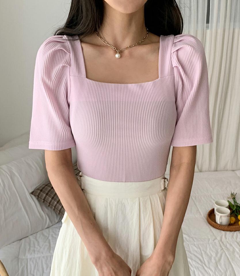 スクエアパフスリーブTシャツ・全4色・t66563 レディース 【tops】トップス Tシャツ 半袖 ハーフスリーブ スクエアネック デコルテ 鎖骨 パフ袖 パフスリーブ リブ 単色 無地 シンプル かわいい ガーリー 春 夏 韓国ファッション