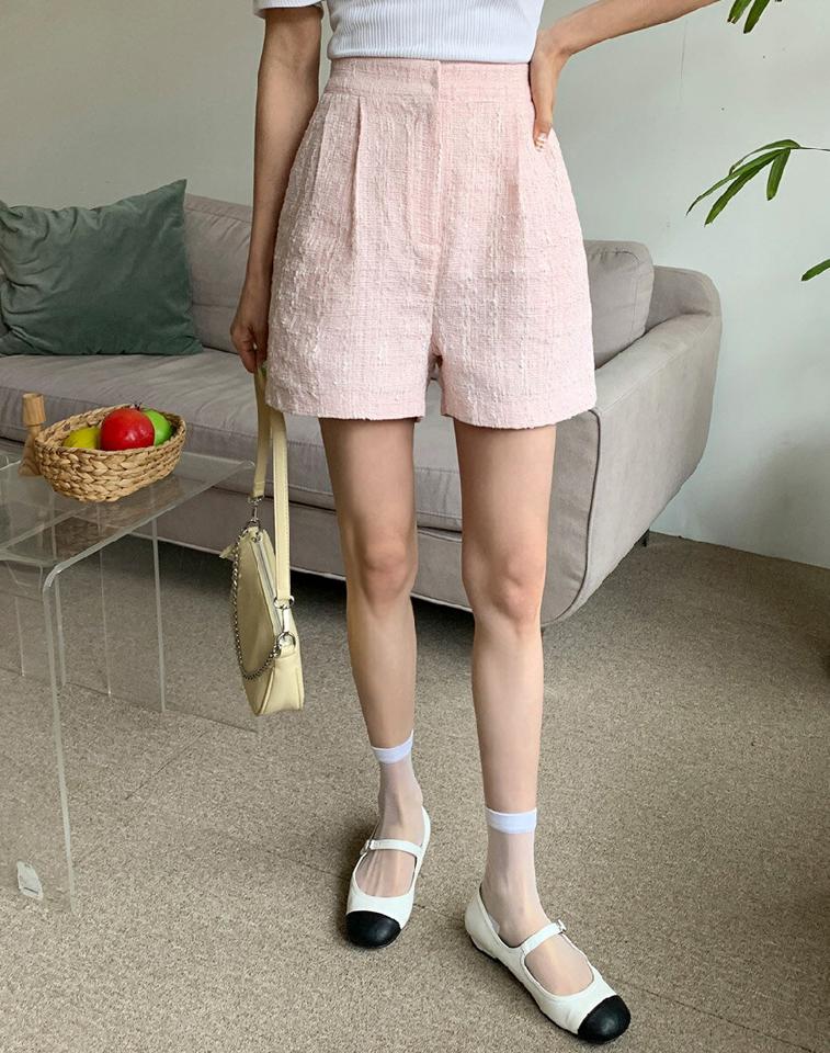 ツイードタックショートパンツ・全2色・b66584 レディース 【pt】パンツ ショートパンツ 短パン ツイード 大人 上品 きれいめ レディ　フェミニン タック ハイウエスト 水色 春 夏 韓国ファッション