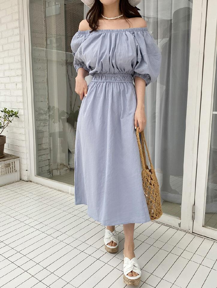 リネン混2WAYパフワンピース・全3色・t66575 レディース 【ops】ワンピース ロング丈 ロングワンピース パフ袖 パフスリーブ 半袖 オフショルダー リネン 単色 無地 フェミニン かわいい ウエストマーク フレア 春 夏 韓国ファッション