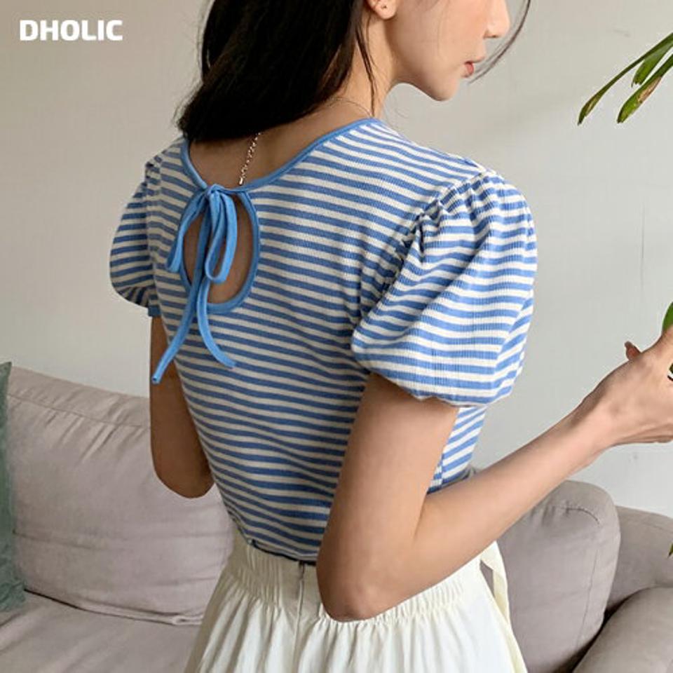 2WAYリボンスリットボーダーTシャツ・全3色・t66565 レディース 【tops】トップス Tシャツ 半袖 ボーダー柄 バックシャン りぼん パフ袖 パフスリーブ 前後着用自由 カットアウト かわいい 水色 春 夏 韓国ファッション