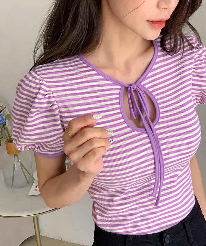 2WAYリボンスリットボーダーTシャツ・全3色・t66565 レディース 【tops】トップス Tシャツ 半袖 ボーダー柄 バックシャン りぼん パフ袖 パフスリーブ 前後着用自由 カットアウト かわいい 水色 春 夏 韓国ファッション