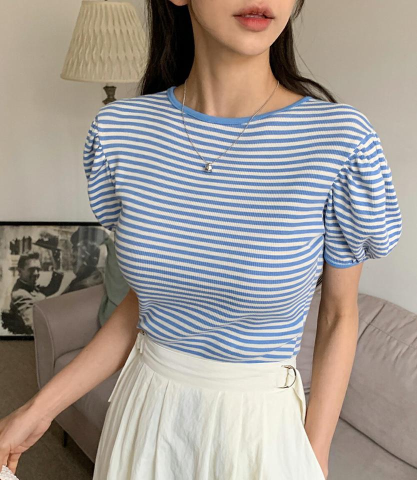 2WAYリボンスリットボーダーTシャツ・全3色・t66565 レディース 【tops】トップス Tシャツ 半袖 ボーダー柄 バックシャン りぼん パフ袖 パフスリーブ 前後着用自由 カットアウト かわいい 水色 春 夏 韓国ファッション