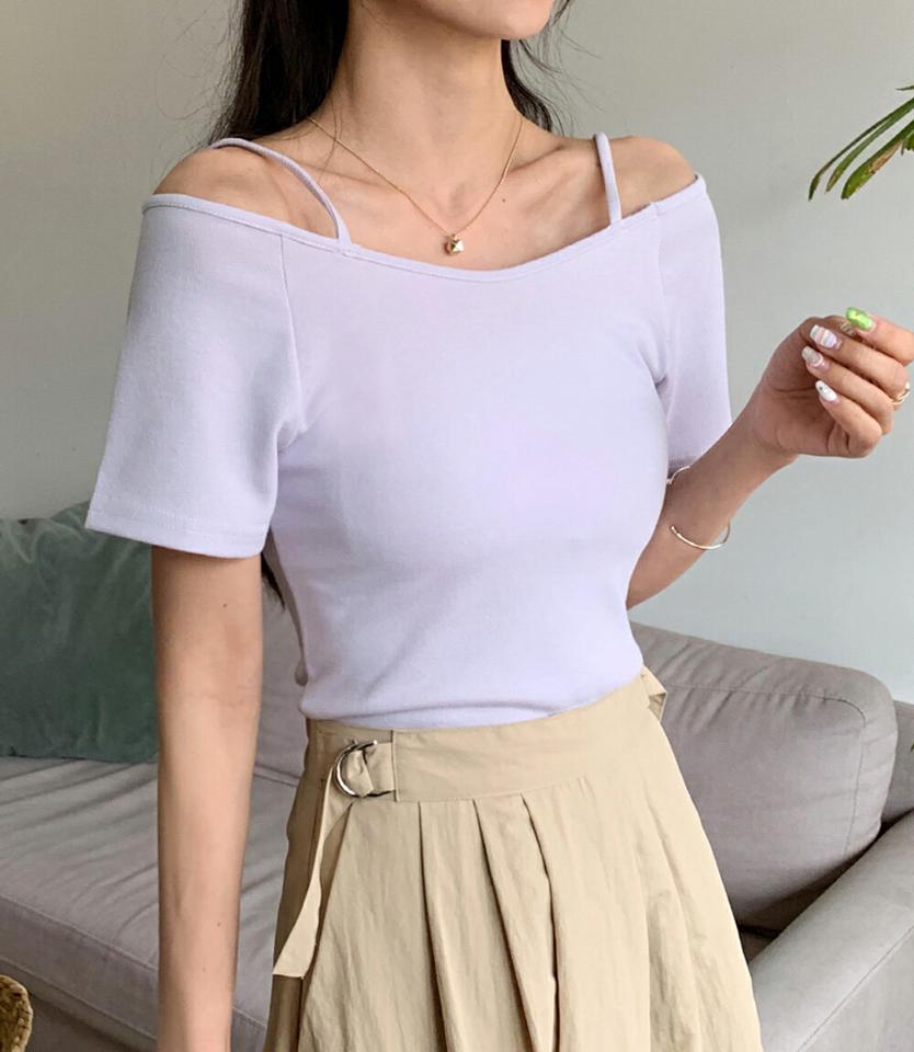 ストラップオフショルTシャツ・全4色・t66562 レディース 【tops】トップス Tシャツ 半袖 オフショルダー 肩出し ストラップ 単色 無地 シンプル カジュアル カットアウト オープンショルダー 春 夏 韓国ファッション