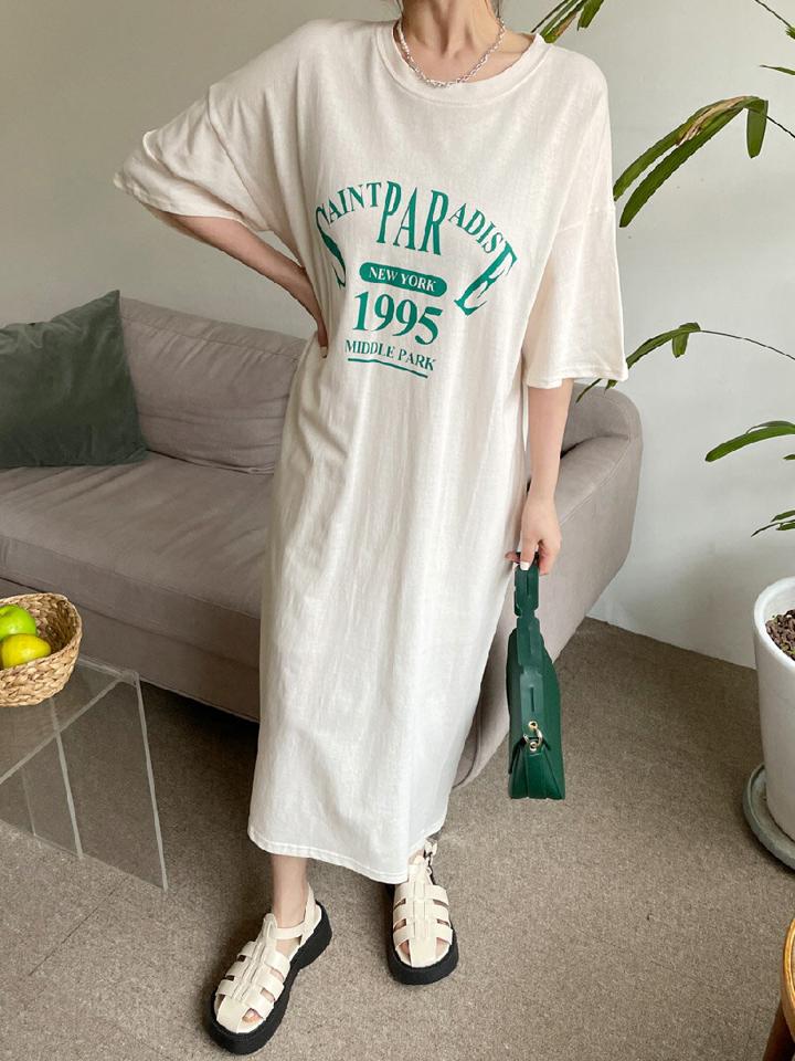 レタリング半袖Tシャツワンピース・全3色・b66574 レディース 【ops】ワンピース ハーフスリーブ 半袖 ロング丈 ロングワンピース ロゴ ゆったり ラフ カジュアル 体型カバー 二の腕カバー オーバーサイズ ワンマイルウェア 春 夏 韓国ファッション