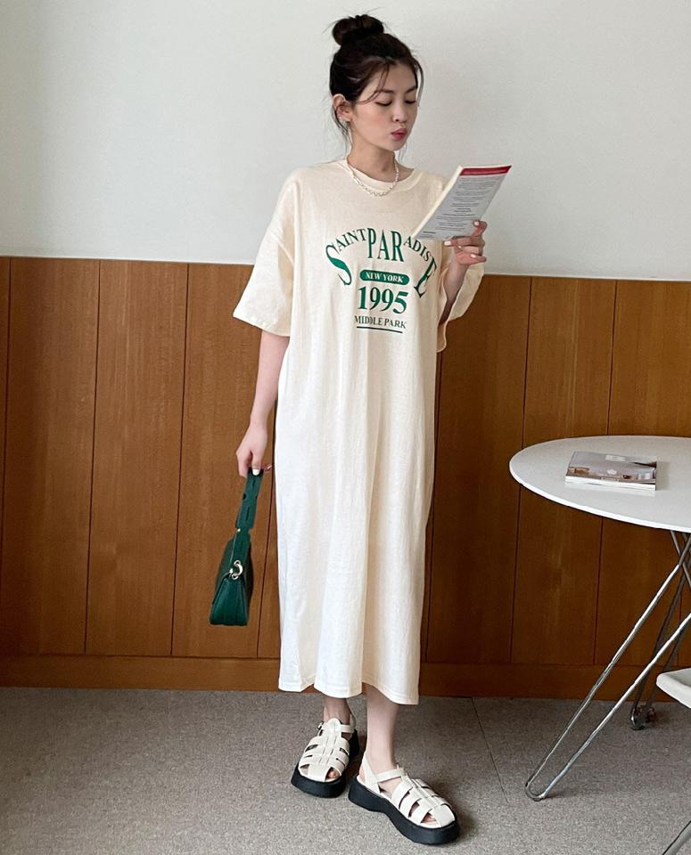 レタリング半袖Tシャツワンピース・全3色・b66574 レディース 【ops】ワンピース ハーフスリーブ 半袖 ロング丈 ロングワンピース ロゴ ゆったり ラフ カジュアル 体型カバー 二の腕カバー オーバーサイズ ワンマイルウェア 春 夏 韓国ファッション