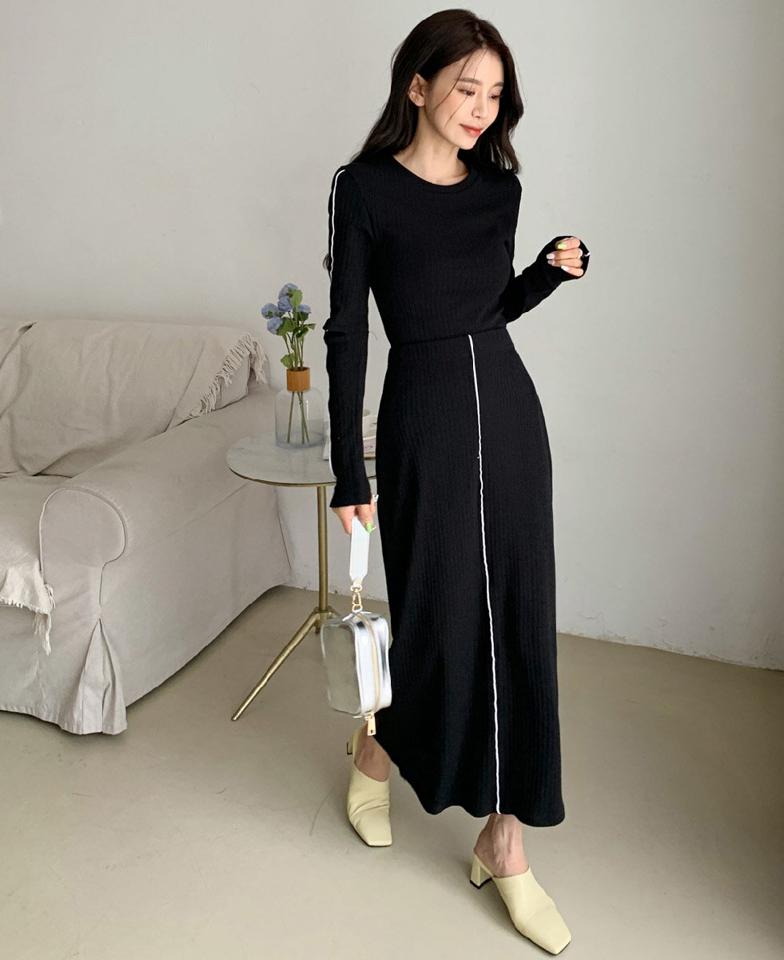 配色ラインカットスリーブリブTシャツ&スカートSET・全3色・t66579 レディース 【sk】セットアップ setup トップス Tシャツ リブ スカート ロング丈 ライン 配色 カットアウト ウエストゴム カジュアル ラフ 春 秋 韓国ファッション
