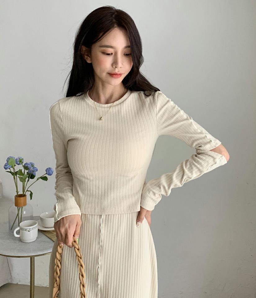 配色ラインカットスリーブリブTシャツ・全3色・t66578 レディース 【tops】トップス Tシャツ 長袖 リブ カットアウト ライン ユニーク スリット カジュアル 春 秋 韓国ファッション