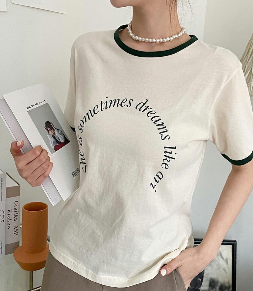 配色カーブレタリングTシャツ・全3色・t66564 レディース 【tops】トップス Tシャツ ロゴ ロゴT レタリング 配色 カジュアル ラフ ラウンドネック リンガーtシャツ y2k 春 夏 韓国ファッション