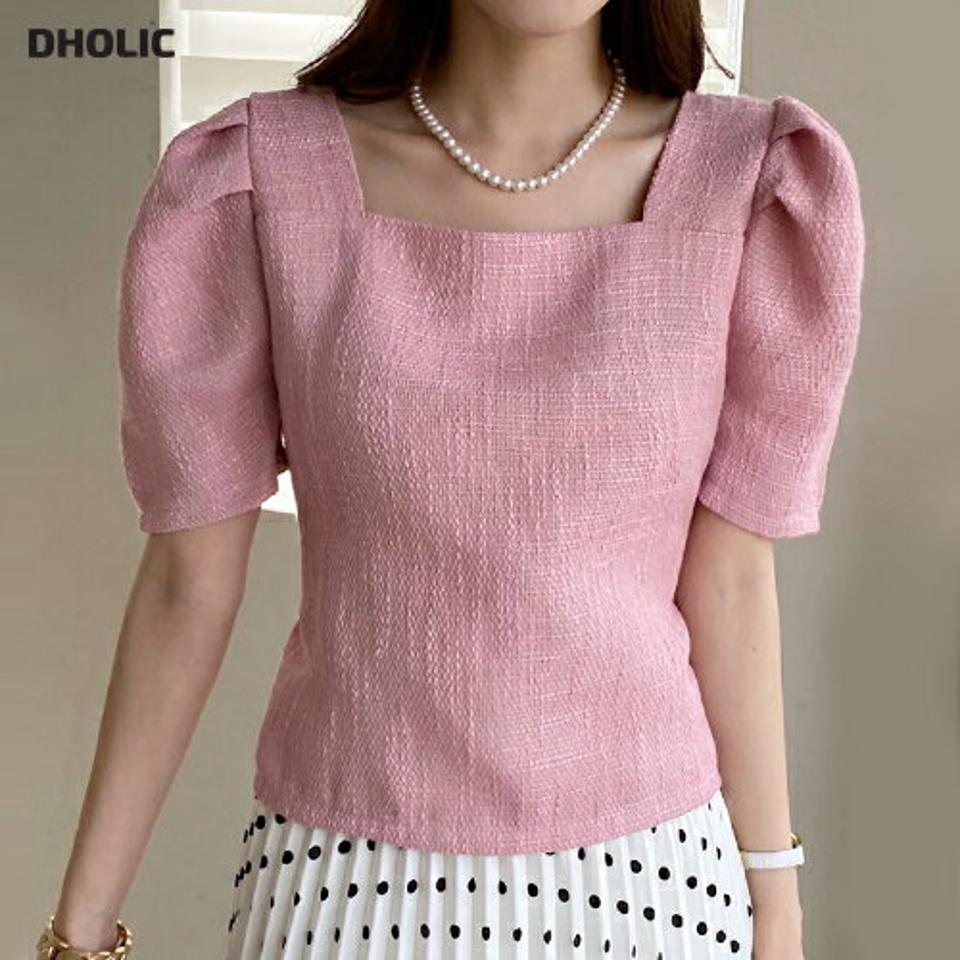 ツイードスクエアネックブラウス・全4色・t72133 レディース 【bl】トップス ブラウス 半袖 スクエアネック ツイード パフスリーブ クロップド丈 シンプル カジュアル フェミニン 夏 春 秋 韓国ファッション ハイホリHIHOLLI