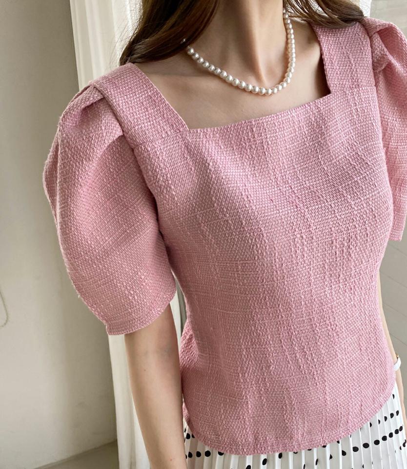 ツイードスクエアネックブラウス・全4色・t72133 レディース 【bl】トップス ブラウス 半袖 スクエアネック ツイード パフスリーブ クロップド丈 シンプル カジュアル フェミニン 夏 春 秋 韓国ファッション ハイホリHIHOLLI