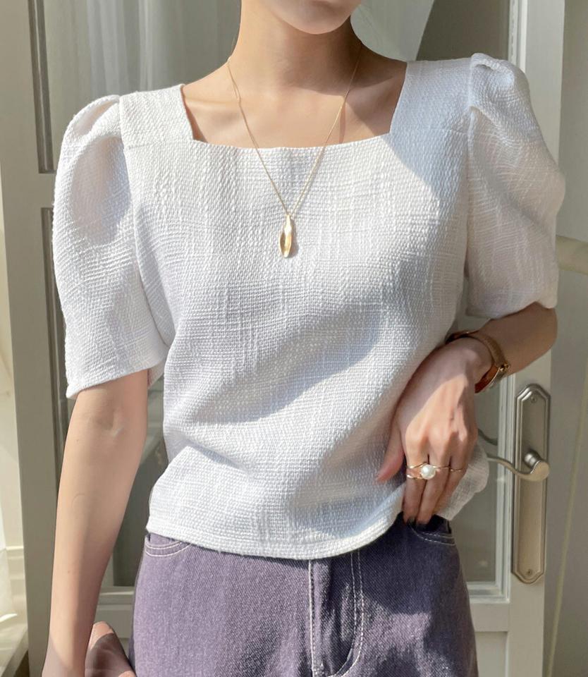 ツイードスクエアネックブラウス・全4色・t72133 レディース 【bl】トップス ブラウス 半袖 スクエアネック ツイード パフスリーブ クロップド丈 シンプル カジュアル フェミニン 夏 春 秋 韓国ファッション ハイホリHIHOLLI