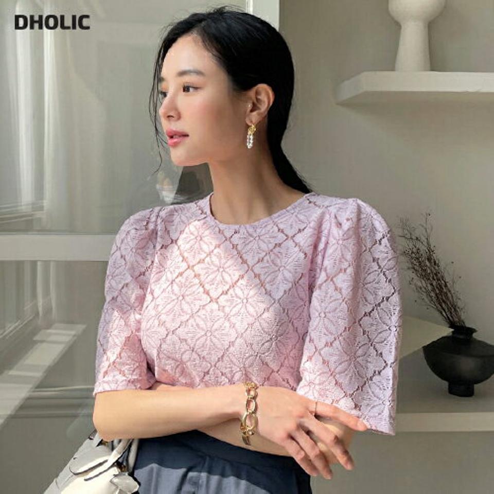 【マラソン特価】フローラルレースブラウス・全3色・b72176 レディース 【bl】トップス ブラウス 半袖 ラウンドネック 花柄 フラワー フローラル レース スリット パフスリーブ シンプル カジュアル フェミニン ピンク 夏 春 秋 韓国ファッション ハイホリHIHOLLI