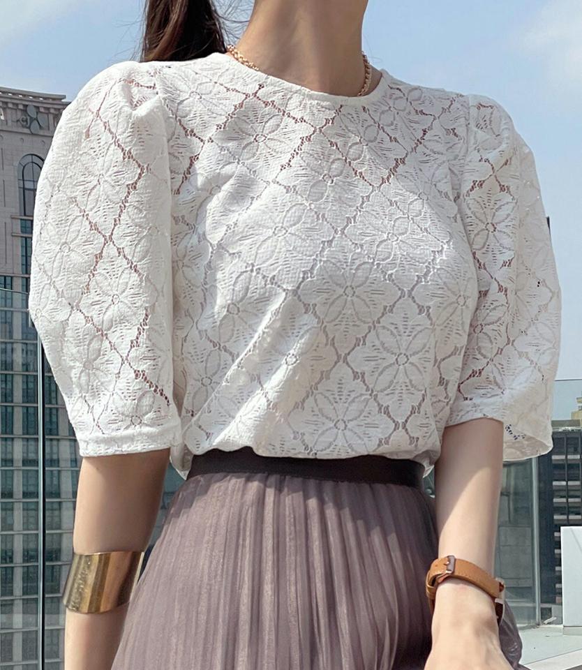 【マラソン特価】フローラルレースブラウス・全3色・b72176 レディース 【bl】トップス ブラウス 半袖 ラウンドネック 花柄 フラワー フローラル レース スリット パフスリーブ シンプル カジュアル フェミニン ピンク 夏 春 秋 韓国ファッション ハイホリHIHOLLI