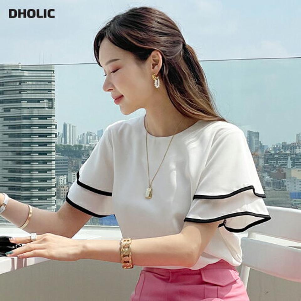 配色ティアードスリーブブラウス・全3色・72146 レディース 【bl】トップス ブラウス 半袖 配色 フレア ラッフル ティアード シンプル カジュアル フェミニン 上品 二の腕カバー きれいめ 夏 春 秋 韓国ファッション HIHOLLI 人気