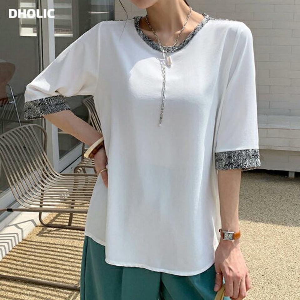 ジャガード配色7分袖ブラウス・全2色・t72127 レディース 【bl】トップス ブラウス 7分袖 ラウンドネック ジャガード 配色 ルーズ 楽ちん シンプル カジュアル フェミニン 体型カバー 夏 春 秋 韓国ファッション ハイホリHIHOLLI