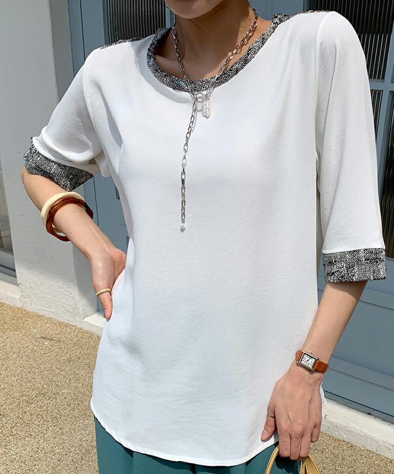 ジャガード配色7分袖ブラウス・全2色・t72127 レディース 【bl】トップス ブラウス 7分袖 ラウンドネック ジャガード 配色 ルーズ 楽ちん シンプル カジュアル フェミニン 体型カバー 夏 春 秋 韓国ファッション ハイホリHIHOLLI