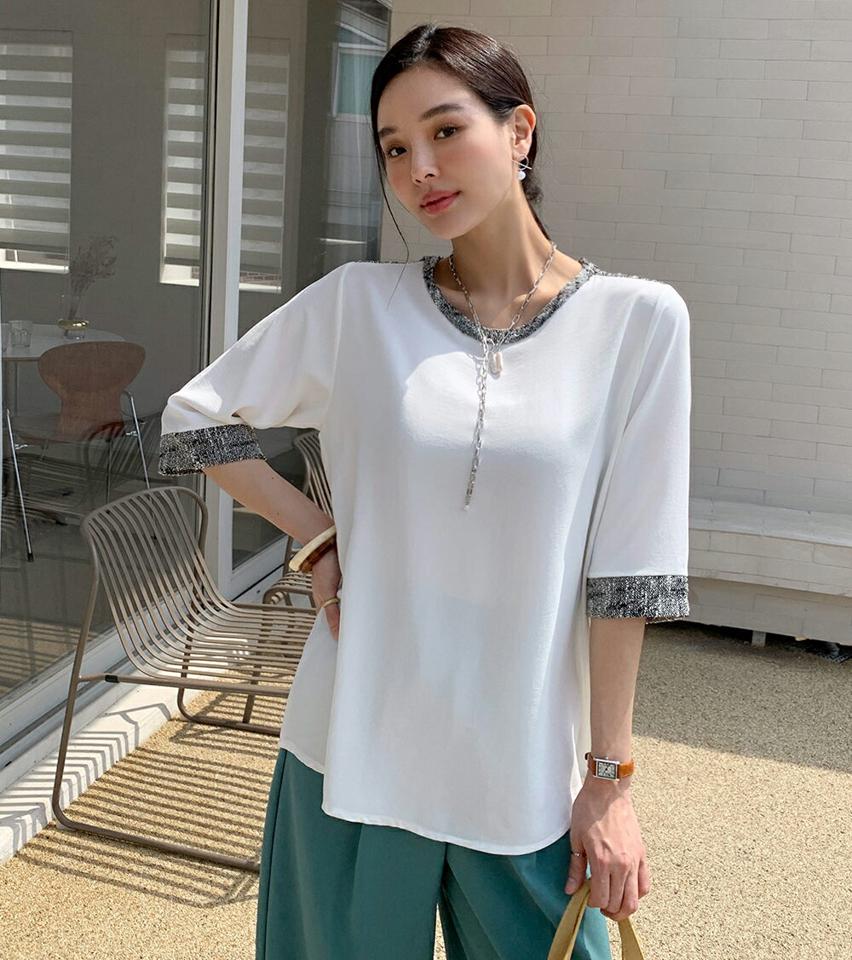 ジャガード配色7分袖ブラウス・全2色・t72127 レディース 【bl】トップス ブラウス 7分袖 ラウンドネック ジャガード 配色 ルーズ 楽ちん シンプル カジュアル フェミニン 体型カバー 夏 春 秋 韓国ファッション ハイホリHIHOLLI