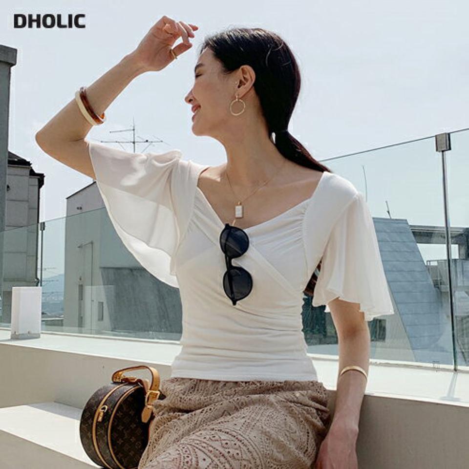 シフォンスリーブギャザーカシュクールブラウス・全3色・t72126 レディース 【bl】トップス ブラウス 半袖 Vネック シフォンスリーブ ギャザー スリム 無地 シンプル カジュアル フェミニン 夏 春 秋 韓国ファッション ハイホリHIHOLLI