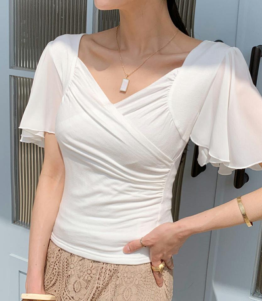 シフォンスリーブギャザーカシュクールブラウス・全3色・t72126 レディース 【bl】トップス ブラウス 半袖 Vネック シフォンスリーブ ギャザー スリム 無地 シンプル カジュアル フェミニン 夏 春 秋 韓国ファッション ハイホリHIHOLLI