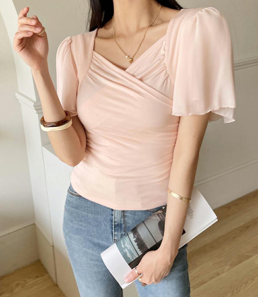 シフォンスリーブギャザーカシュクールブラウス・全3色・t72126 レディース 【bl】トップス ブラウス 半袖 Vネック シフォンスリーブ ギャザー スリム 無地 シンプル カジュアル フェミニン 夏 春 秋 韓国ファッション ハイホリHIHOLLI