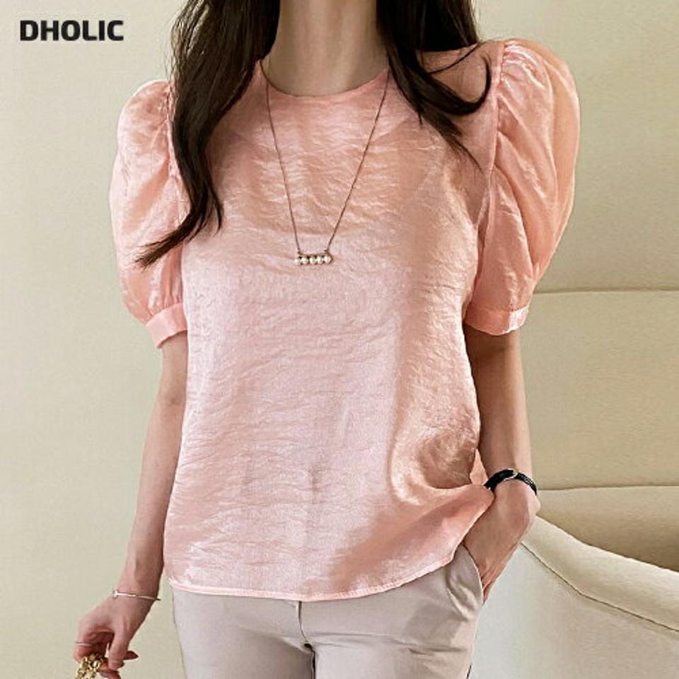 リンクルシアーブラウス・全2色・t71951 レディース 【bl】ブラウス トップス 半袖 単色 無地 シンプル パフスリーブ パフ袖 パステル 春 夏 リンクル シアー 透け感 上品 フェミニン 可愛い かわいい 韓国ファッション ハイホリHIHOLLI