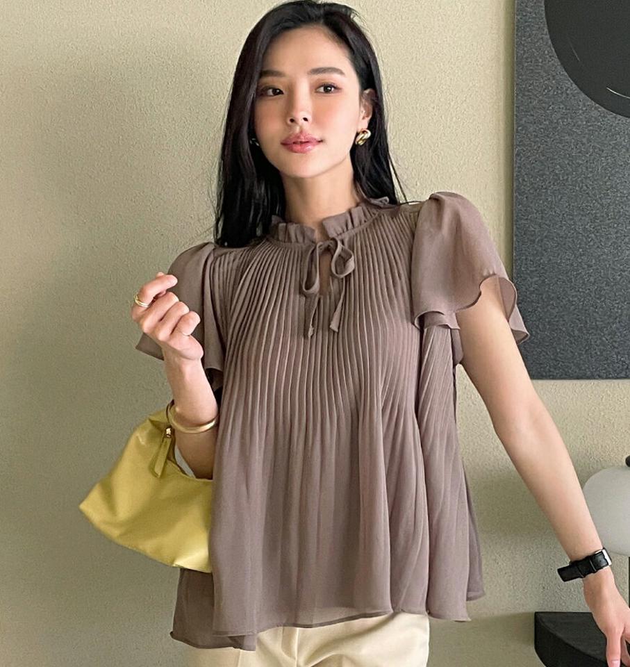 ≪人気商品再入荷≫リボンプリーツブラウス・全3色・b71953 レディース【bl】ブラウス トップス 無地 シンプル 半袖 リボン プリーツ 体型カバー 揺れ感 春 夏 上品 フェミニン ギャザー かわいい お腹カバー 二の腕カバー 韓国ファッション HIHOLLI