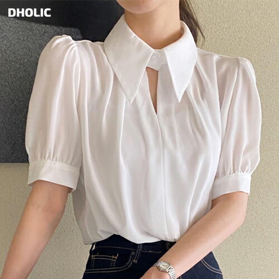 カットアウトカラーネックブラウス・全3色・t71954 レディース 【bl】ブラウス トップス 半袖 無地 単色 シンプル 襟 襟コン パフスリーブ パフ袖 二の腕カバー カットアウト 春 夏 フェミニン かわいい 可愛い 韓国ファッション ハイホリHIHOLLI