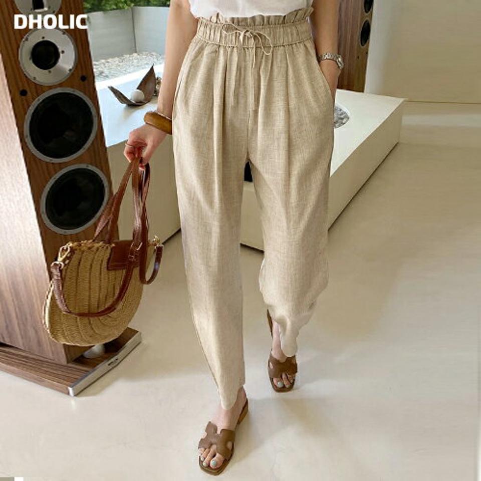 リネン混ハイウエストストリングパンツ・全4色・t71986 レディース 【pt】パンツ ロング丈 単色 無地 シンプル 紐 ウエストゴム 楽ちん 春 夏 カジュアル ラフ フリル ハイウエスト 脚長 爽やか 韓国ファッション ハイホリHIHOLLI
