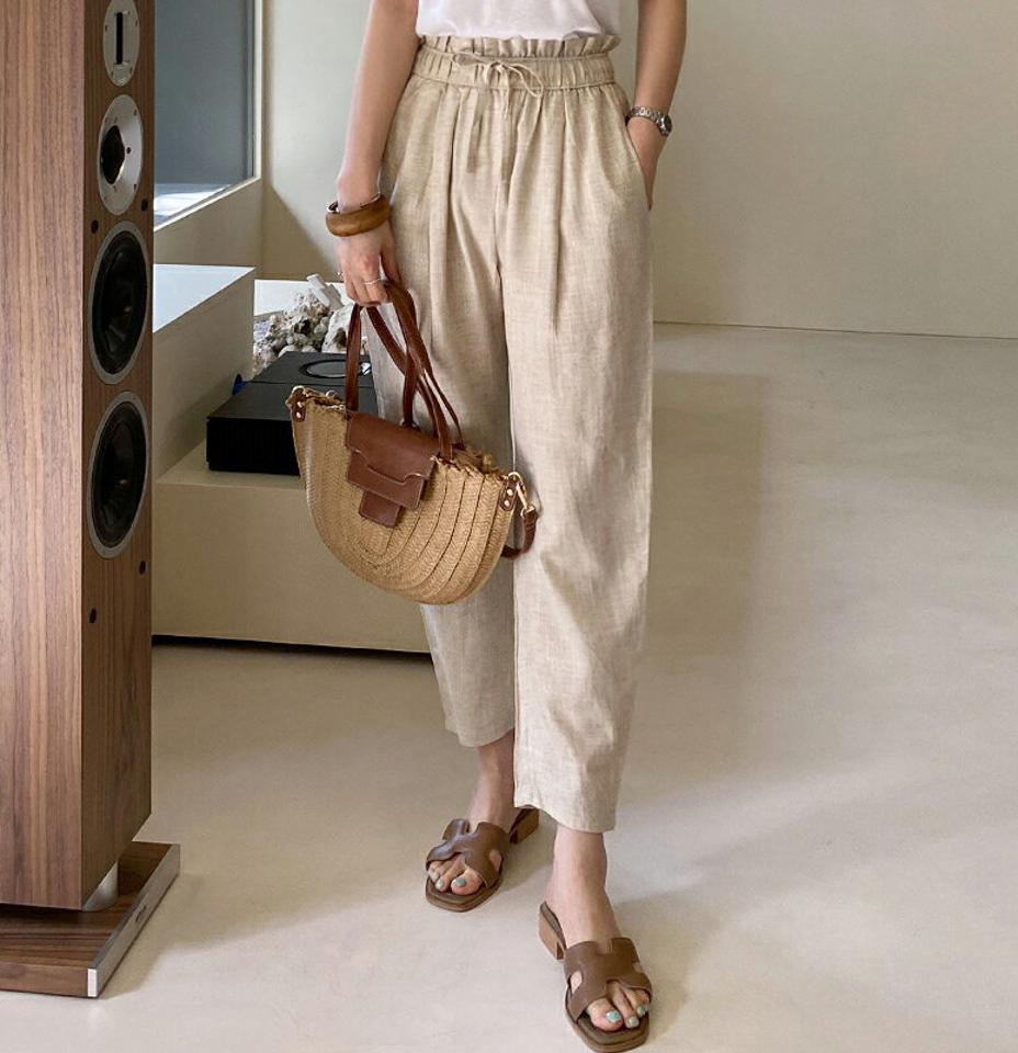 リネン混ハイウエストストリングパンツ・全4色・t71986 レディース 【pt】パンツ ロング丈 単色 無地 シンプル 紐 ウエストゴム 楽ちん 春 夏 カジュアル ラフ フリル ハイウエスト 脚長 爽やか 韓国ファッション ハイホリHIHOLLI