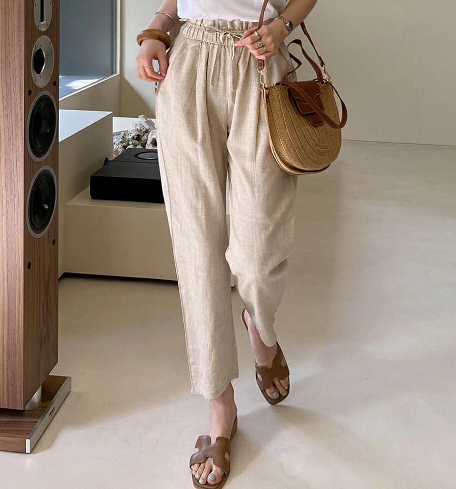 リネン混ハイウエストストリングパンツ・全4色・t71986 レディース 【pt】パンツ ロング丈 単色 無地 シンプル 紐 ウエストゴム 楽ちん 春 夏 カジュアル ラフ フリル ハイウエスト 脚長 爽やか 韓国ファッション ハイホリHIHOLLI