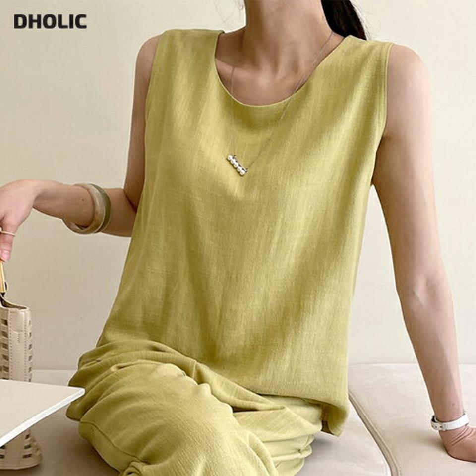 リネン混ラウンドノースリーブ・全3色・t71967 レディース 【tops】トップス ノースリーブ スリーブレス 単色 無地 シンプル 春 夏 リネン混 ランドネック 爽やか カジュアル 大人っぽ きれいめ 黄色 韓国ファッション ハイホリHIHOLLI