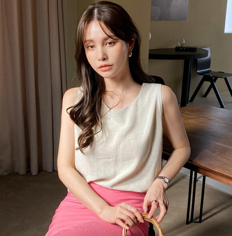 リネン混ラウンドノースリーブ・全3色・t71967 レディース 【tops】トップス ノースリーブ スリーブレス 単色 無地 シンプル 春 夏 リネン混 ランドネック 爽やか カジュアル 大人っぽ きれいめ 黄色 韓国ファッション ハイホリHIHOLLI