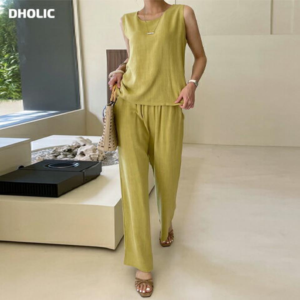 リネン混ラウンドノースリーブ&ウエストゴムパンツSET・全3色・t71966 レディース 【pt】セットアップ セット トップス ノースリーブ パンツ ロング丈 単色 春 夏 スリーブレス カジュアル カラーパンツ 黄色 韓国ファッション ハイホリHIHOLLI