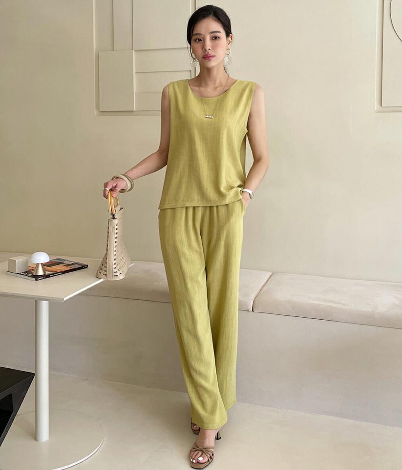 リネン混ラウンドノースリーブ&ウエストゴムパンツSET・全3色・t71966 レディース 【pt】セットアップ セット トップス ノースリーブ パンツ ロング丈 単色 春 夏 スリーブレス カジュアル カラーパンツ 黄色 韓国ファッション ハイホリHIHOLLI