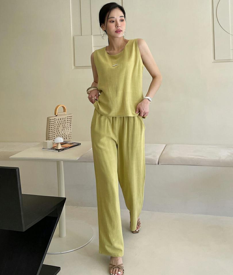 リネン混ラウンドノースリーブ&ウエストゴムパンツSET・全3色・t71966 レディース 【pt】セットアップ セット トップス ノースリーブ パンツ ロング丈 単色 春 夏 スリーブレス カジュアル カラーパンツ 黄色 韓国ファッション ハイホリHIHOLLI