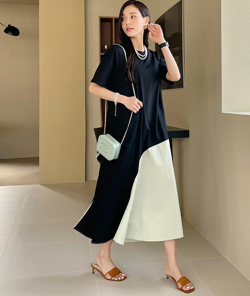 配色ヘムラウンドネックワンピース・全2色・b71958 レディース 【ops】ワンピース ロング丈 半袖 配色 模様 柄 ユニーク 体型カバー 楽ちん 春 夏 カジュアル かわいい 可愛い コットン 綿 韓国ファッション ハイホリHIHOLLI