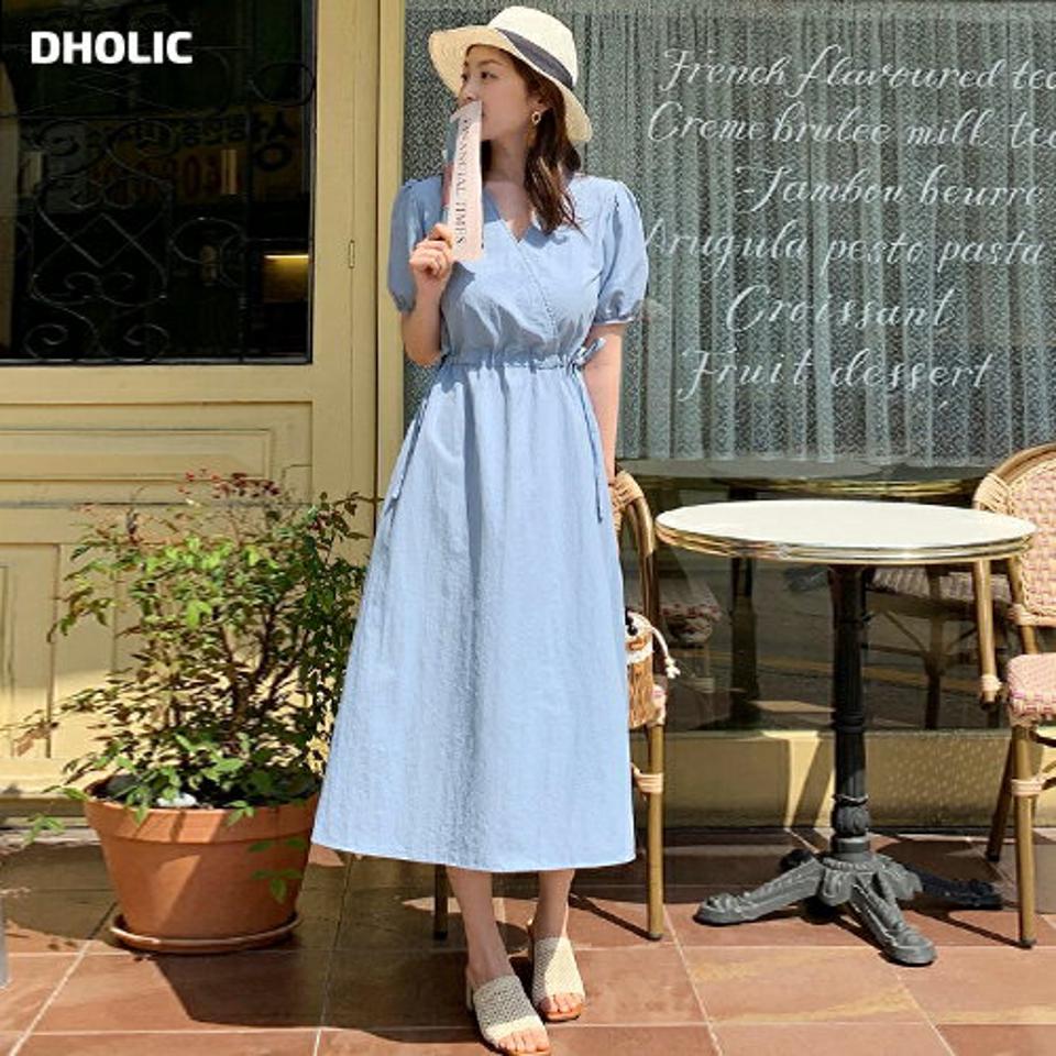 【マラソン特価】カシュクールストリングワンピース・全3色・t00679 レディース 【ops】ワンピース ロング丈 ロングワンピース 半袖 ストリング 単色 無地 シンプル フェミニン 上品 大人 ウエストマーク かわいい 水色 パフ袖 パフスリーブ 春 夏 韓国ファッション