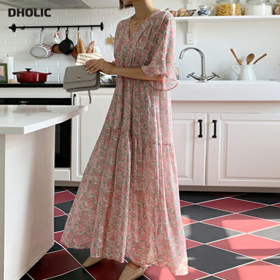 フローラルVネックワンピース・全3色・b00678 レディース 【ops】ワンピース ロング丈 七分袖 7分袖 ハーフスリーブ フリル 花柄 ティアード ストリング ギャザー フレア かわいい ピンク 上品 可愛い 体型カバー 春 夏 韓国ファッション