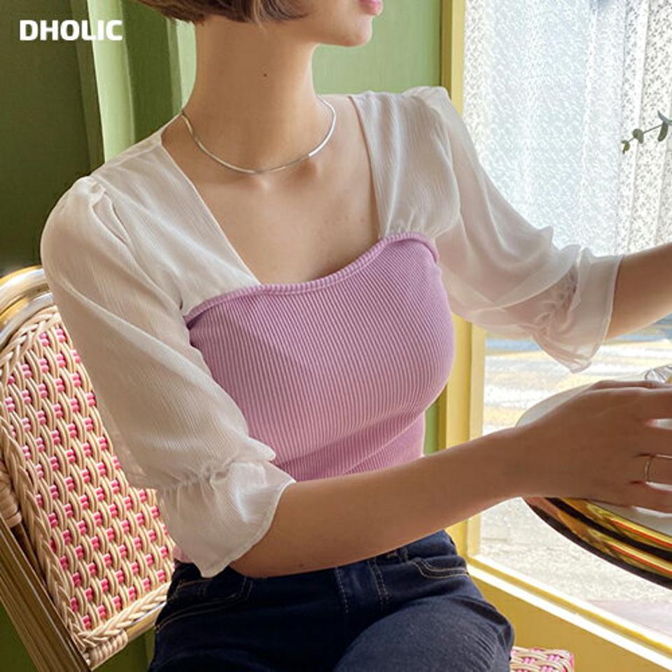 コントラストハートネックブラウス・全3色・t00668 レディース 【bl】トップス ブラウス 七分袖 7分袖 七分丈 7分丈 クロップド丈 襟コン デコルテ 鎖骨 リブ かわいい 可愛い ユニーク コントラスト 春 夏 韓国ファッション