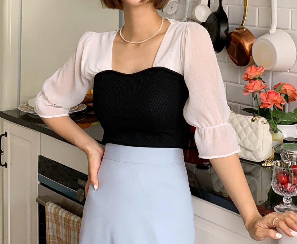 コントラストハートネックブラウス・全3色・t00668 レディース 【bl】トップス ブラウス 七分袖 7分袖 七分丈 7分丈 クロップド丈 襟コン デコルテ 鎖骨 リブ かわいい 可愛い ユニーク コントラスト 春 夏 韓国ファッション